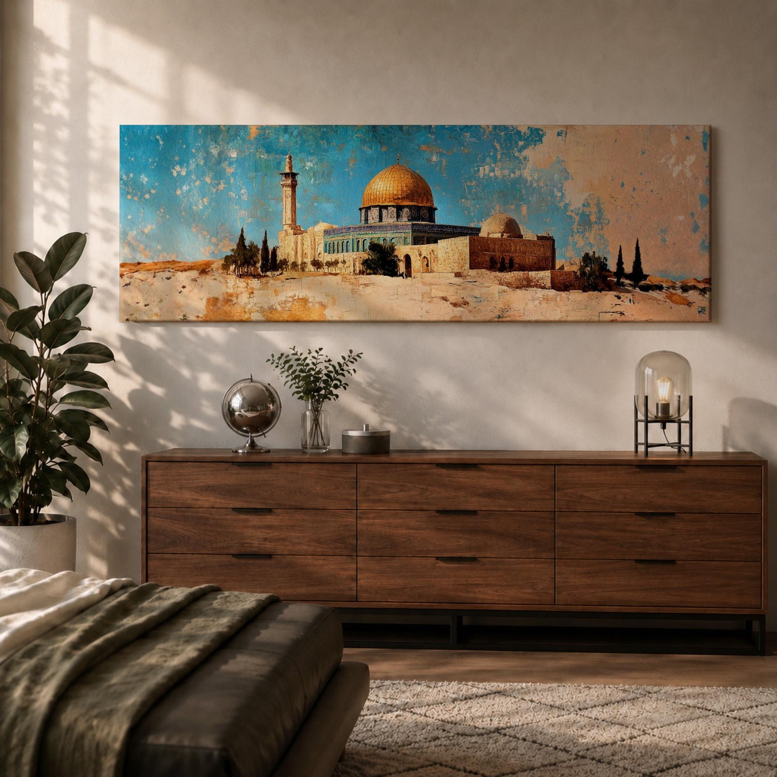 A long narrow panoramic painting depicts Masjid Al Aqsa with the golden dome rising above textured stone structures and surrounding trees, rendered in an abstract painterly style with layered brushstrokes, warm earthy tones, and a distressed sky that creates depth and a historic atmospheric cityscape.
