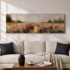 Panoramic wildflower meadow landscape painting featuring a soft rural field filled with scattered blue and white flowers across golden grasses. A narrow path leads through the meadow toward distant trees and open countryside beneath a muted cloudy sky, with textured brushstrokes creating depth across the wide pastoral scene.