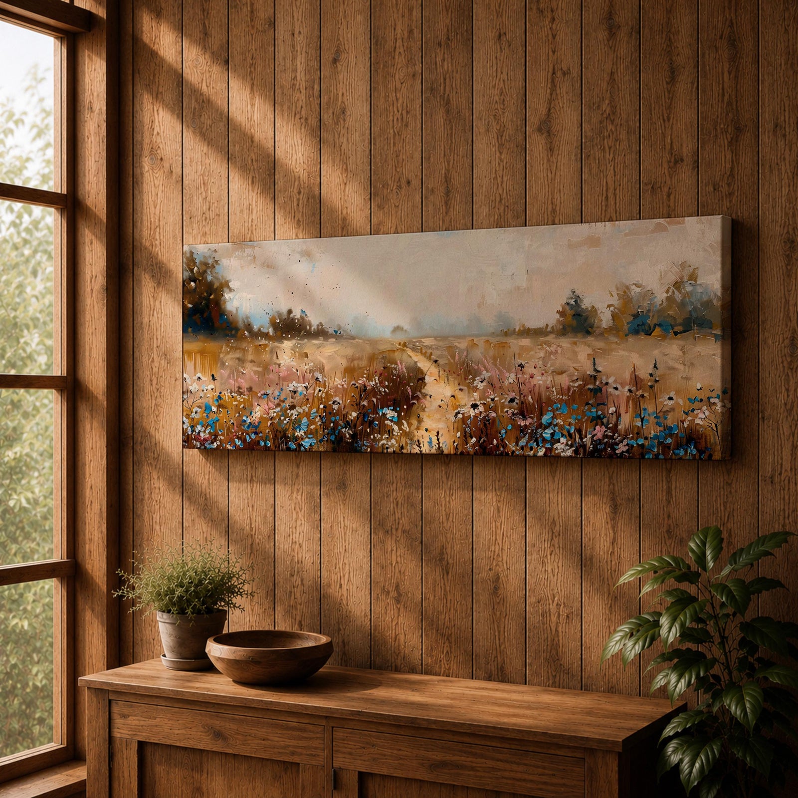 Panoramic wildflower meadow landscape painting featuring a soft rural field filled with scattered blue and white flowers across golden grasses. A narrow path leads through the meadow toward distant trees and open countryside beneath a muted cloudy sky, with textured brushstrokes creating depth across the wide pastoral scene.