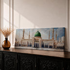 Panoramic architectural painting of Masjid Nabawi in Medina featuring the iconic green dome centered among elegant minarets and grand mosque arches. The courtyard stretches across the composition while soft clouds gather above the sacred structure, highlighting detailed Islamic architecture across the wide skyline.