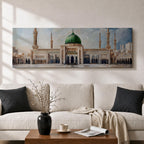 Panoramic architectural painting of Masjid Nabawi in Medina featuring the iconic green dome centered among elegant minarets and grand mosque arches. The courtyard stretches across the composition while soft clouds gather above the sacred structure, highlighting detailed Islamic architecture across the wide skyline.