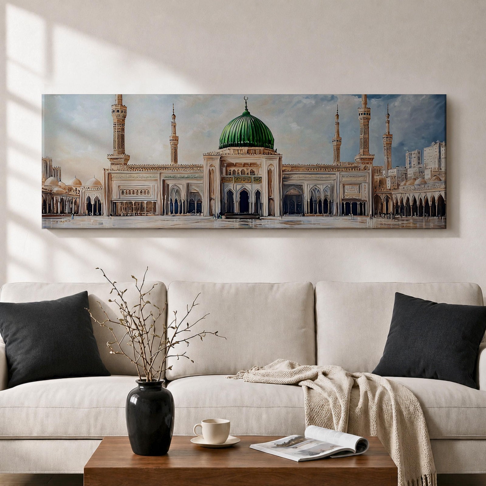 Panoramic architectural painting of Masjid Nabawi in Medina featuring the iconic green dome centered among elegant minarets and grand mosque arches. The courtyard stretches across the composition while soft clouds gather above the sacred structure, highlighting detailed Islamic architecture across the wide skyline.