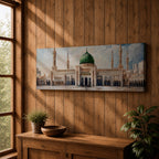 Panoramic architectural painting of Masjid Nabawi in Medina featuring the iconic green dome centered among elegant minarets and grand mosque arches. The courtyard stretches across the composition while soft clouds gather above the sacred structure, highlighting detailed Islamic architecture across the wide skyline.