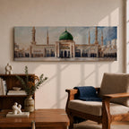 Panoramic architectural painting of Masjid Nabawi in Medina featuring the iconic green dome centered among elegant minarets and grand mosque arches. The courtyard stretches across the composition while soft clouds gather above the sacred structure, highlighting detailed Islamic architecture across the wide skyline.