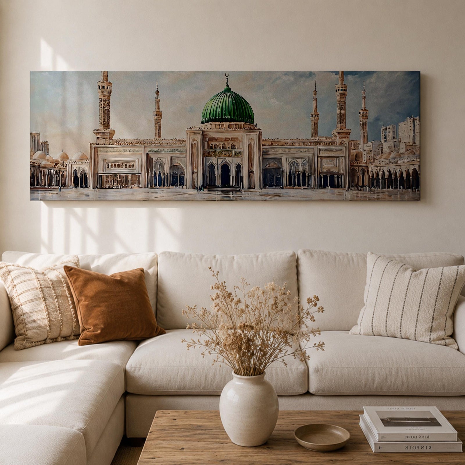 Panoramic architectural painting of Masjid Nabawi in Medina featuring the iconic green dome centered among elegant minarets and grand mosque arches. The courtyard stretches across the composition while soft clouds gather above the sacred structure, highlighting detailed Islamic architecture across the wide skyline.