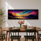 Panoramic northern lights landscape painting showing vibrant aurora borealis ribbons sweeping across a night sky in bright greens pinks and purples. Dark mountain silhouettes frame a reflective lake while glowing colors spread across the horizon creating a dramatic wide arctic night scene.