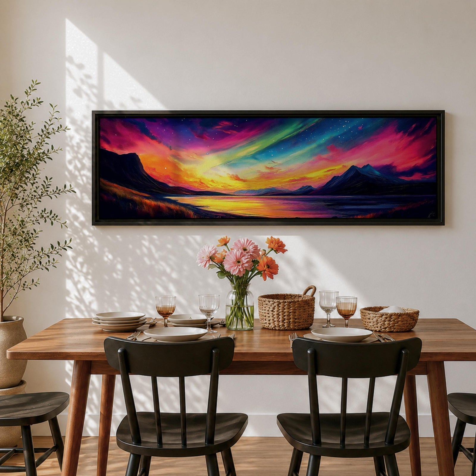 Panoramic northern lights landscape painting showing vibrant aurora borealis ribbons sweeping across a night sky in bright greens pinks and purples. Dark mountain silhouettes frame a reflective lake while glowing colors spread across the horizon creating a dramatic wide arctic night scene.