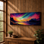 Panoramic northern lights landscape painting showing vibrant aurora borealis ribbons sweeping across a night sky in bright greens pinks and purples. Dark mountain silhouettes frame a reflective lake while glowing colors spread across the horizon creating a dramatic wide arctic night scene.