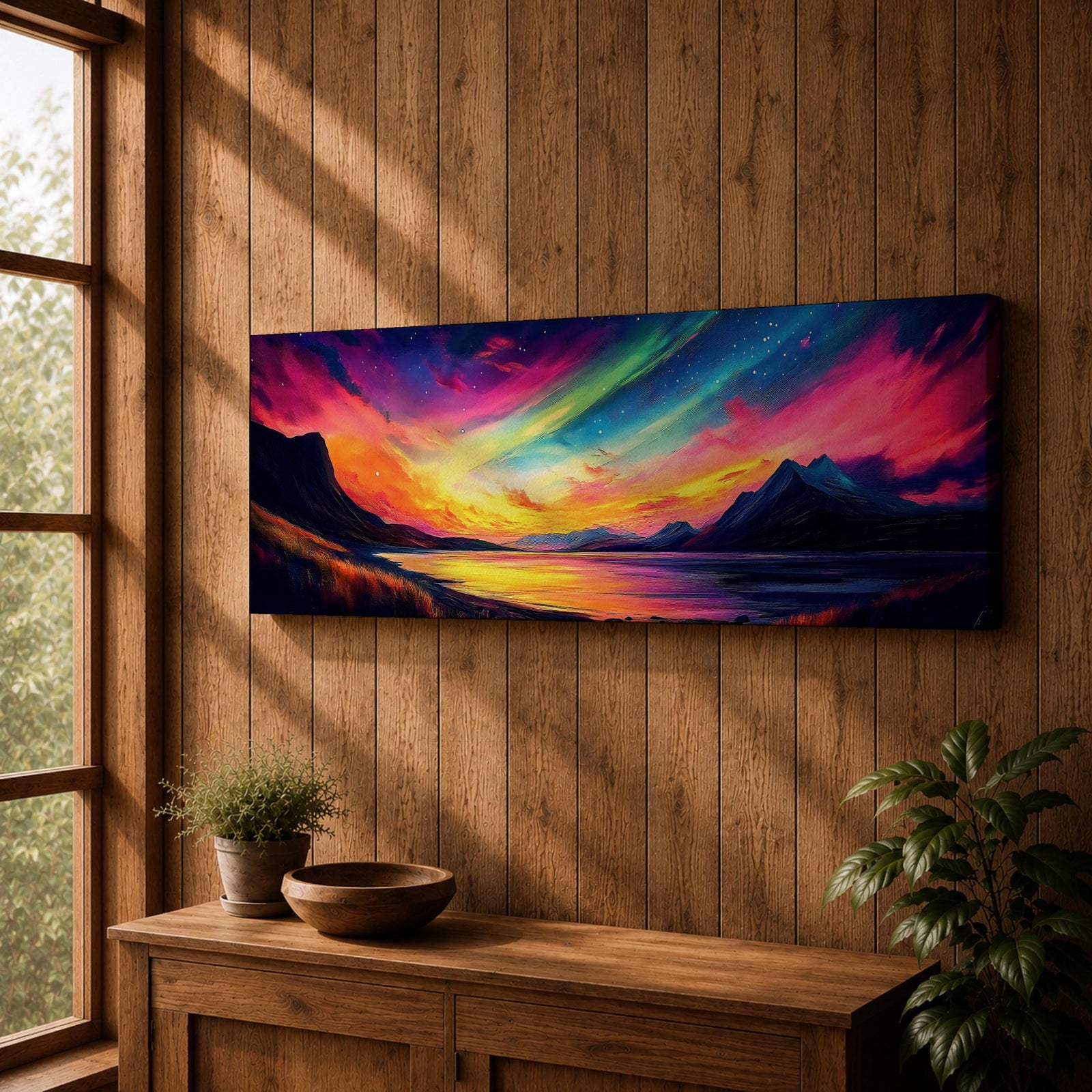 Panoramic northern lights landscape painting showing vibrant aurora borealis ribbons sweeping across a night sky in bright greens pinks and purples. Dark mountain silhouettes frame a reflective lake while glowing colors spread across the horizon creating a dramatic wide arctic night scene.