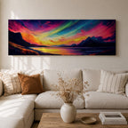 Panoramic northern lights landscape painting showing vibrant aurora borealis ribbons sweeping across a night sky in bright greens pinks and purples. Dark mountain silhouettes frame a reflective lake while glowing colors spread across the horizon creating a dramatic wide arctic night scene.