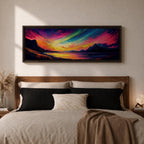 Panoramic northern lights landscape painting showing vibrant aurora borealis ribbons sweeping across a night sky in bright greens pinks and purples. Dark mountain silhouettes frame a reflective lake while glowing colors spread across the horizon creating a dramatic wide arctic night scene.