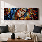 Panoramic stained glass style artwork of the Virgin Mary with closed eyes and folded hands in prayer. Colorful mosaic tiles form her blue veil and warm skin tones while radiant red gold and blue glass pieces spread outward like a halo creating a luminous sacred composition.