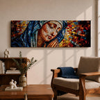 Panoramic stained glass style artwork of the Virgin Mary with closed eyes and folded hands in prayer. Colorful mosaic tiles form her blue veil and warm skin tones while radiant red gold and blue glass pieces spread outward like a halo creating a luminous sacred composition.