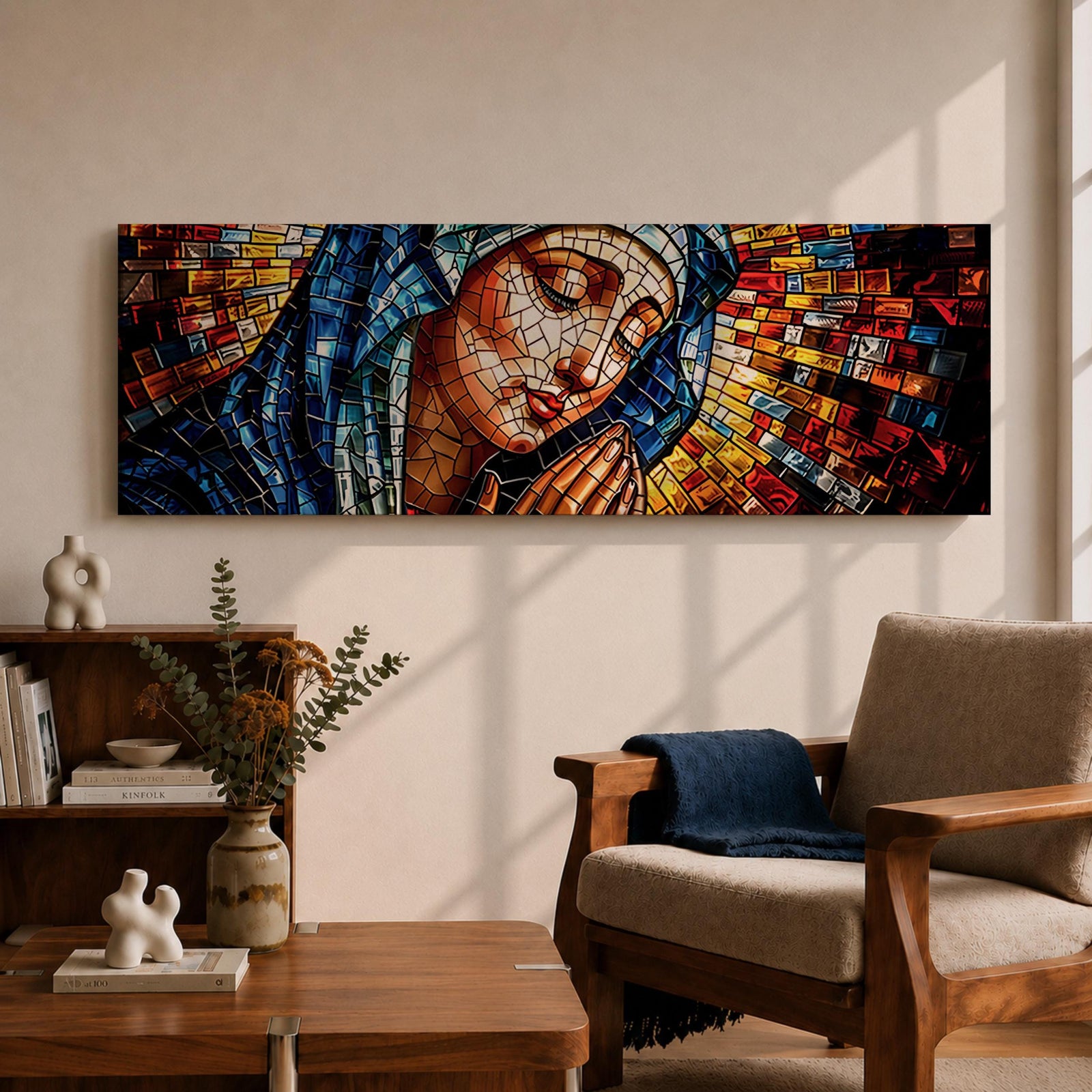 Panoramic stained glass style artwork of the Virgin Mary with closed eyes and folded hands in prayer. Colorful mosaic tiles form her blue veil and warm skin tones while radiant red gold and blue glass pieces spread outward like a halo creating a luminous sacred composition.