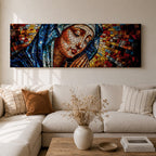 Panoramic stained glass style artwork of the Virgin Mary with closed eyes and folded hands in prayer. Colorful mosaic tiles form her blue veil and warm skin tones while radiant red gold and blue glass pieces spread outward like a halo creating a luminous sacred composition.