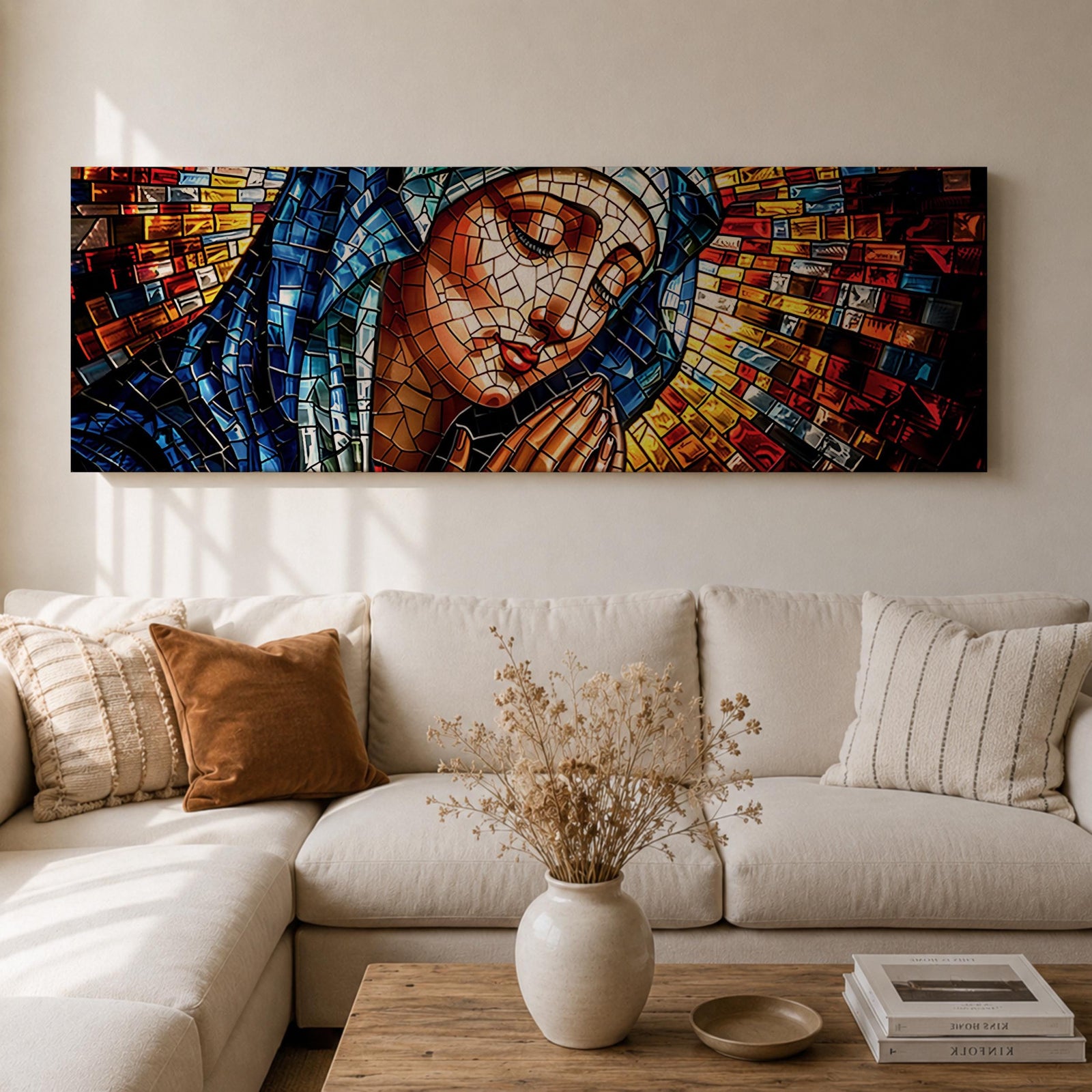 Panoramic stained glass style artwork of the Virgin Mary with closed eyes and folded hands in prayer. Colorful mosaic tiles form her blue veil and warm skin tones while radiant red gold and blue glass pieces spread outward like a halo creating a luminous sacred composition.
