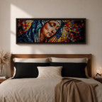 Panoramic stained glass style artwork of the Virgin Mary with closed eyes and folded hands in prayer. Colorful mosaic tiles form her blue veil and warm skin tones while radiant red gold and blue glass pieces spread outward like a halo creating a luminous sacred composition.