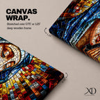 Panoramic stained glass style artwork of the Virgin Mary with closed eyes and folded hands in prayer. Colorful mosaic tiles form her blue veil and warm skin tones while radiant red gold and blue glass pieces spread outward like a halo creating a luminous sacred composition.