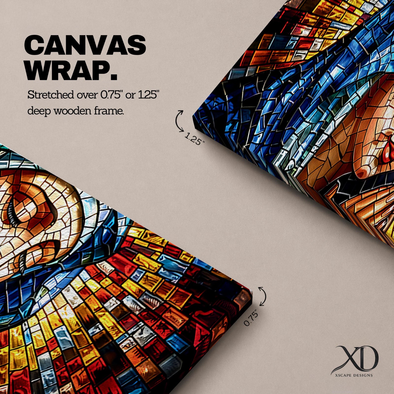 Panoramic stained glass style artwork of the Virgin Mary with closed eyes and folded hands in prayer. Colorful mosaic tiles form her blue veil and warm skin tones while radiant red gold and blue glass pieces spread outward like a halo creating a luminous sacred composition.