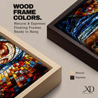 Panoramic stained glass style artwork of the Virgin Mary with closed eyes and folded hands in prayer. Colorful mosaic tiles form her blue veil and warm skin tones while radiant red gold and blue glass pieces spread outward like a halo creating a luminous sacred composition.