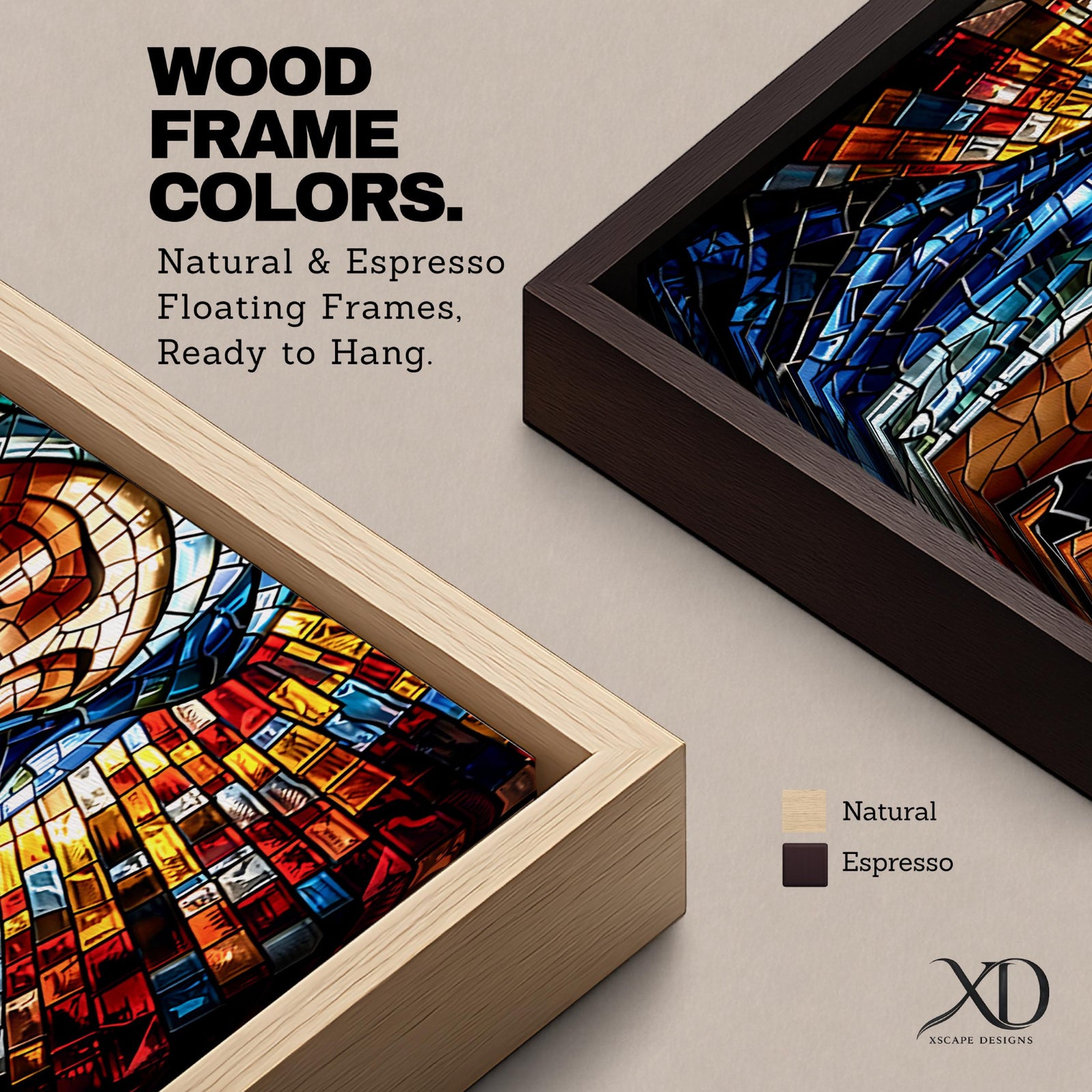 Panoramic stained glass style artwork of the Virgin Mary with closed eyes and folded hands in prayer. Colorful mosaic tiles form her blue veil and warm skin tones while radiant red gold and blue glass pieces spread outward like a halo creating a luminous sacred composition.