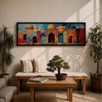 Panoramic painting of colorful Islamic architecture featuring ornate Moroccan and Moorish arches, tiled walls, and domed rooftops arranged in a vibrant row. Intricate geometric patterns and mosaic textures in reds, blues, and golds decorate the buildings beneath a bright sky across the wide composition.