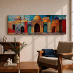Panoramic painting of colorful Islamic architecture featuring ornate Moroccan and Moorish arches, tiled walls, and domed rooftops arranged in a vibrant row. Intricate geometric patterns and mosaic textures in reds, blues, and golds decorate the buildings beneath a bright sky across the wide composition.