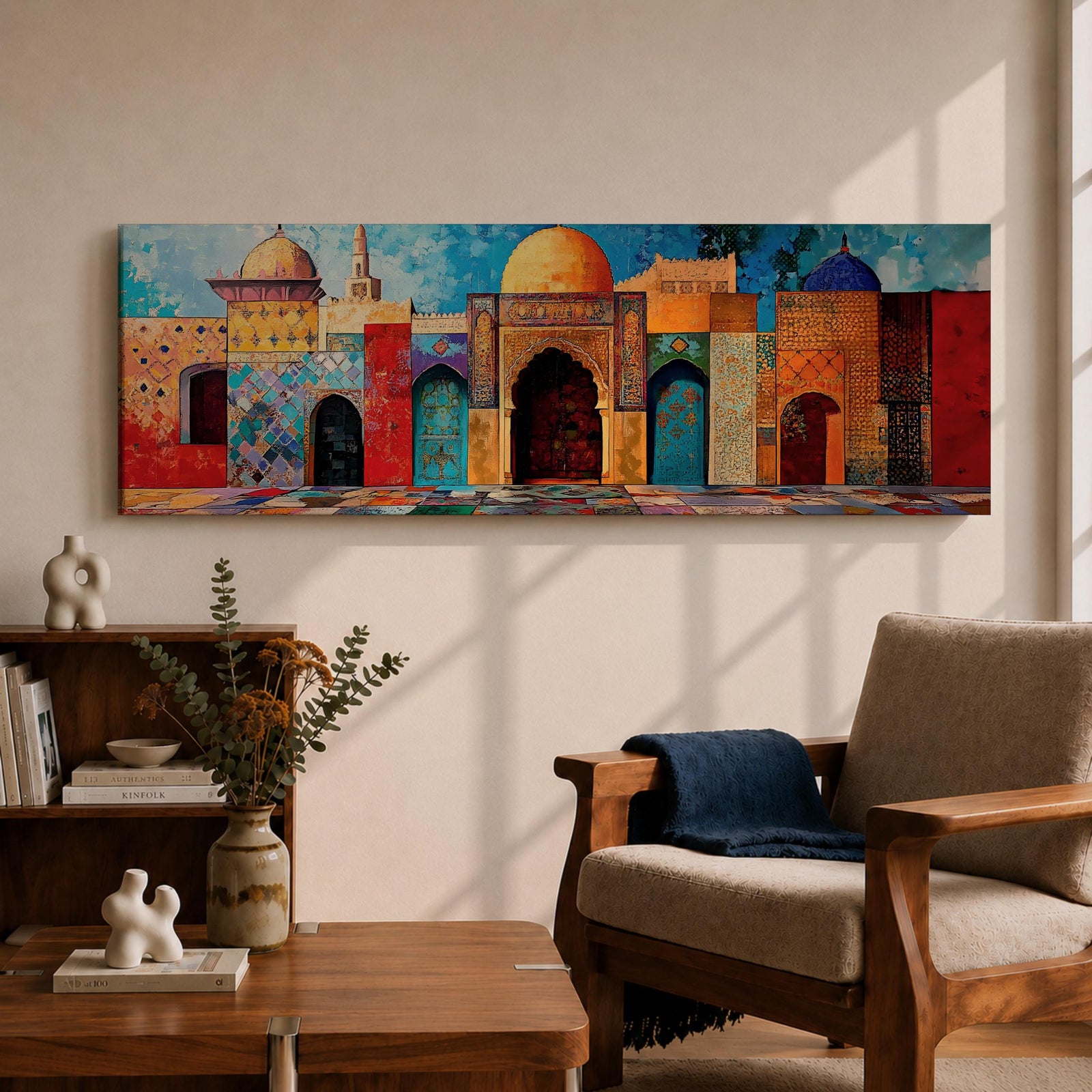 Panoramic painting of colorful Islamic architecture featuring ornate Moroccan and Moorish arches, tiled walls, and domed rooftops arranged in a vibrant row. Intricate geometric patterns and mosaic textures in reds, blues, and golds decorate the buildings beneath a bright sky across the wide composition.