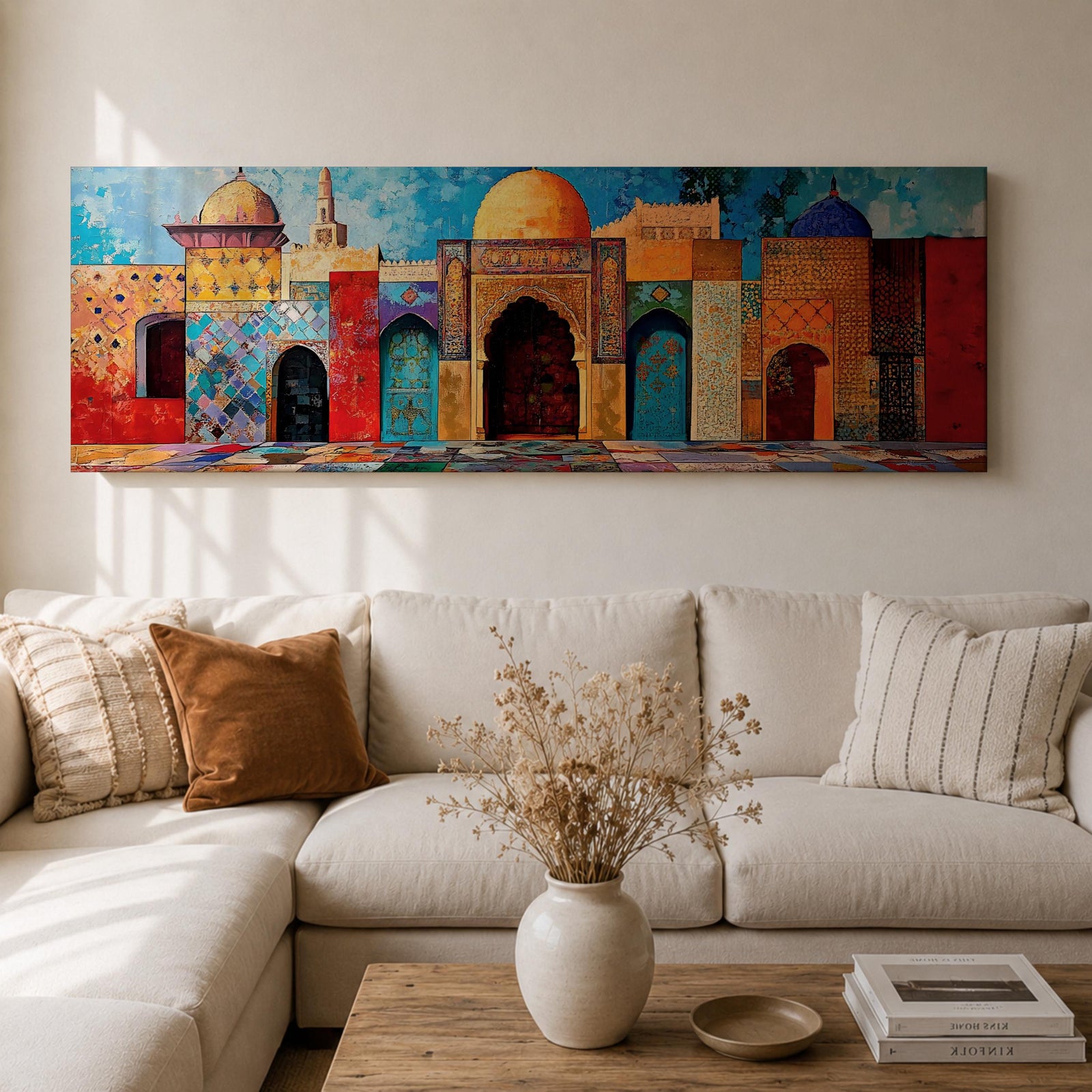 Panoramic painting of colorful Islamic architecture featuring ornate Moroccan and Moorish arches, tiled walls, and domed rooftops arranged in a vibrant row. Intricate geometric patterns and mosaic textures in reds, blues, and golds decorate the buildings beneath a bright sky across the wide composition.