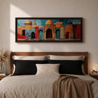 Panoramic painting of colorful Islamic architecture featuring ornate Moroccan and Moorish arches, tiled walls, and domed rooftops arranged in a vibrant row. Intricate geometric patterns and mosaic textures in reds, blues, and golds decorate the buildings beneath a bright sky across the wide composition.