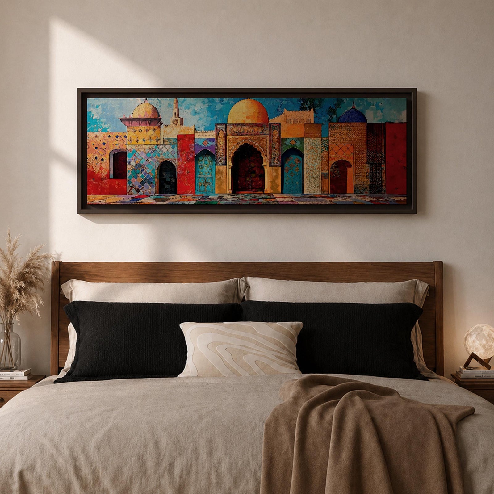 Panoramic painting of colorful Islamic architecture featuring ornate Moroccan and Moorish arches, tiled walls, and domed rooftops arranged in a vibrant row. Intricate geometric patterns and mosaic textures in reds, blues, and golds decorate the buildings beneath a bright sky across the wide composition.