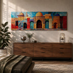 Panoramic painting of colorful Islamic architecture featuring ornate Moroccan and Moorish arches, tiled walls, and domed rooftops arranged in a vibrant row. Intricate geometric patterns and mosaic textures in reds, blues, and golds decorate the buildings beneath a bright sky across the wide composition.