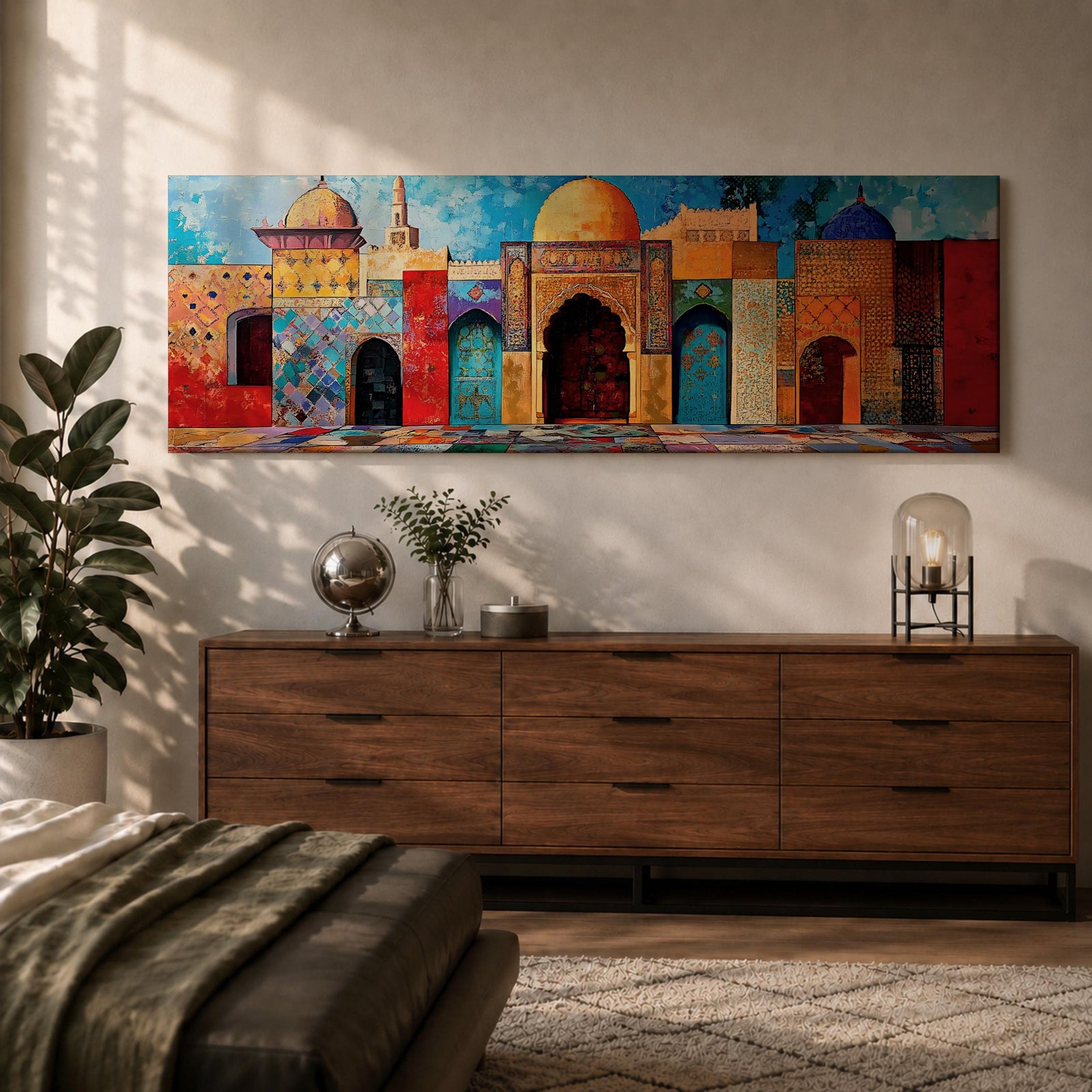 Panoramic painting of colorful Islamic architecture featuring ornate Moroccan and Moorish arches, tiled walls, and domed rooftops arranged in a vibrant row. Intricate geometric patterns and mosaic textures in reds, blues, and golds decorate the buildings beneath a bright sky across the wide composition.