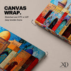Panoramic painting of colorful Islamic architecture featuring ornate Moroccan and Moorish arches, tiled walls, and domed rooftops arranged in a vibrant row. Intricate geometric patterns and mosaic textures in reds, blues, and golds decorate the buildings beneath a bright sky across the wide composition.