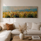 Panoramic wildflower meadow painting featuring tall golden grasses mixed with scattered red, yellow, and blue flowers swaying across an open field. Loose textured brushstrokes create depth through the meadow while a soft blue sky and distant horizon stretch across the wide landscape composition.