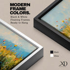 Panoramic wildflower meadow painting featuring tall golden grasses mixed with scattered red, yellow, and blue flowers swaying across an open field. Loose textured brushstrokes create depth through the meadow while a soft blue sky and distant horizon stretch across the wide landscape composition.