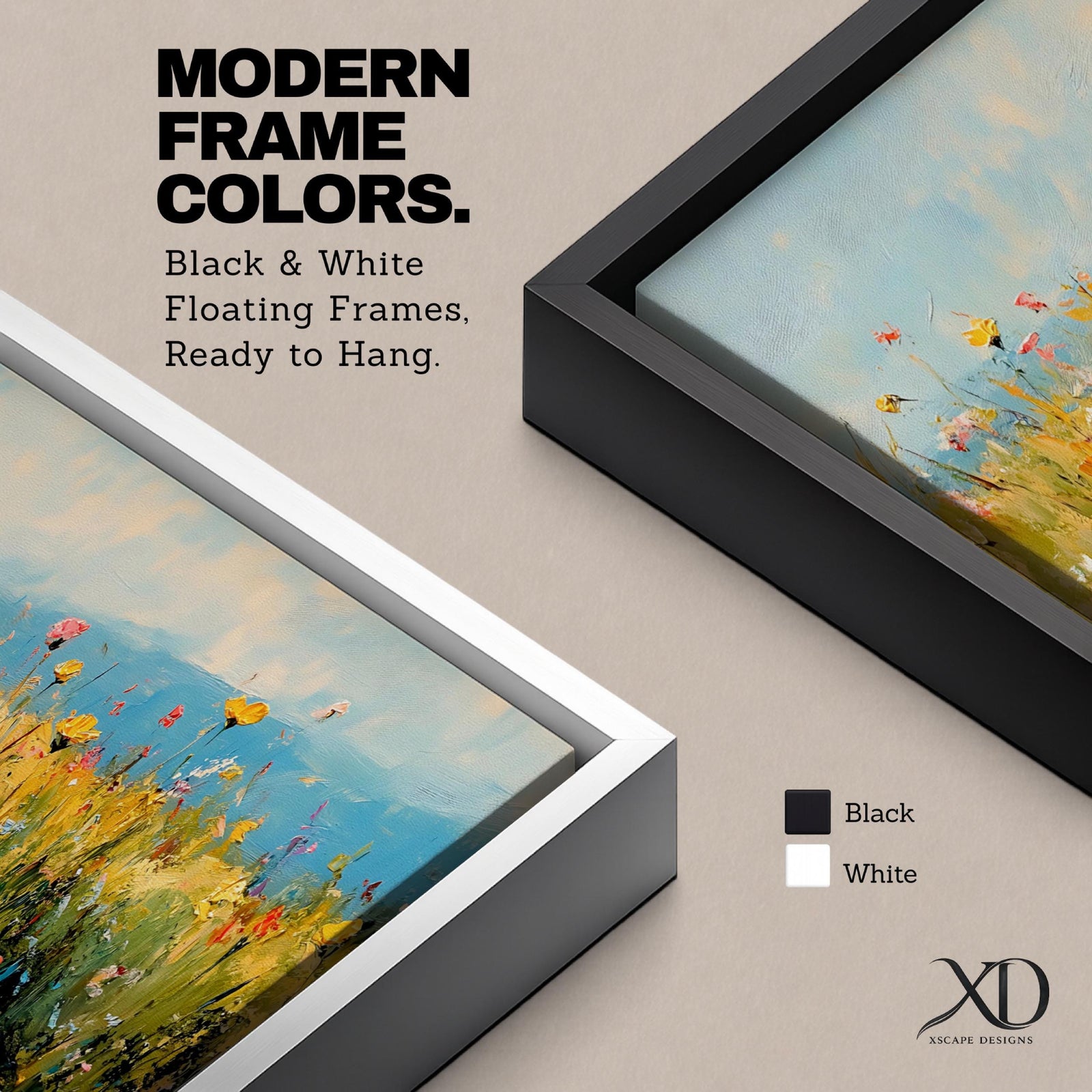 Panoramic wildflower meadow painting featuring tall golden grasses mixed with scattered red, yellow, and blue flowers swaying across an open field. Loose textured brushstrokes create depth through the meadow while a soft blue sky and distant horizon stretch across the wide landscape composition.