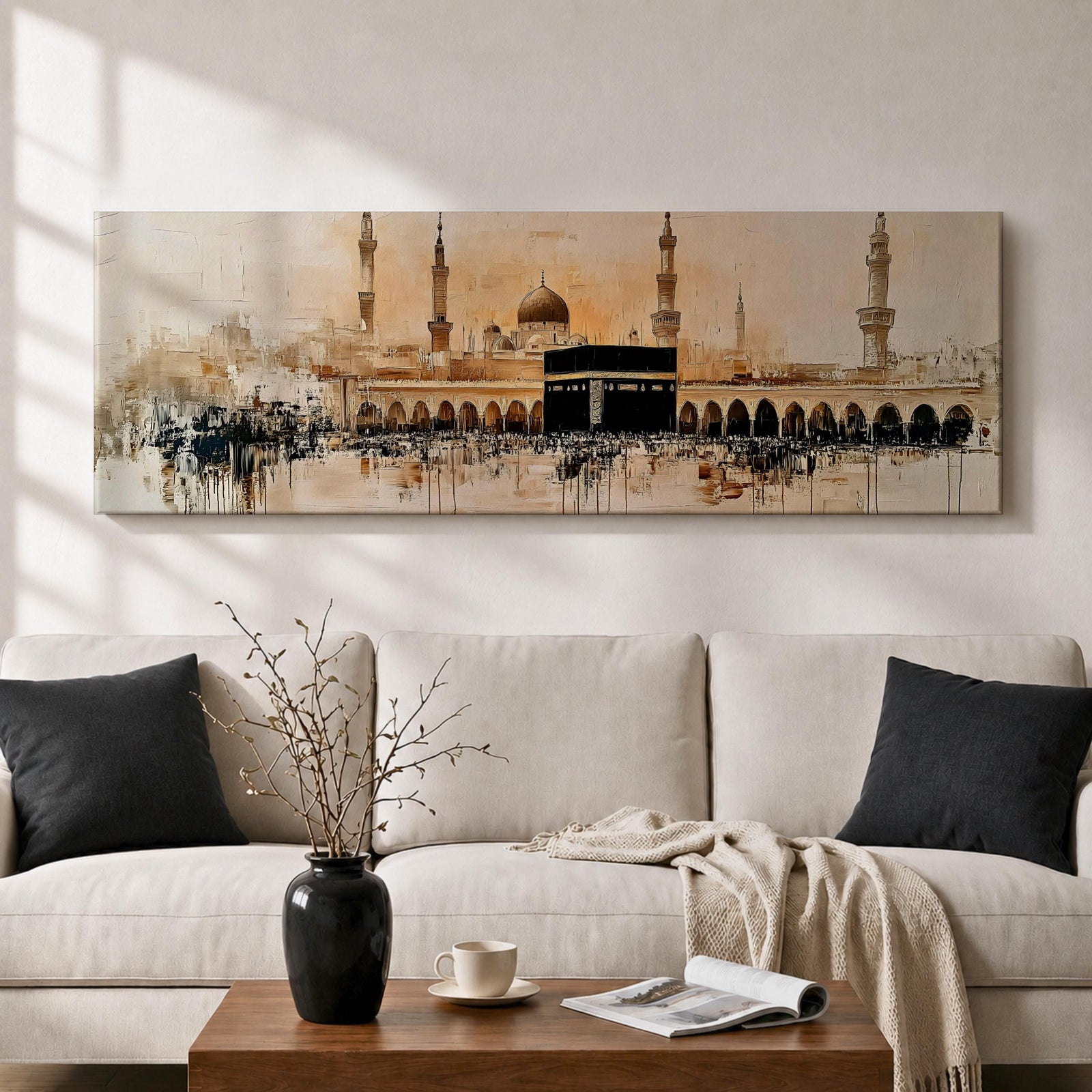 Panoramic painting of the Kaaba at Masjid Al Haram in Mecca surrounded by mosque arches and tall minarets. The sacred black cube stands at the center of a wide courtyard with crowds gathered around while warm golden tones and architectural details stretch across the expansive skyline.