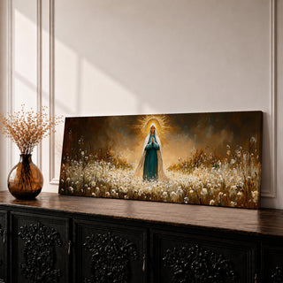 Panoramic painting of the Virgin Mary standing in prayer in a glowing meadow filled with delicate white flowers. A radiant golden halo surrounds her head while soft light spreads across the field and sky, highlighting flowing robes and a peaceful sacred figure centered within the wide floral landscape composition.