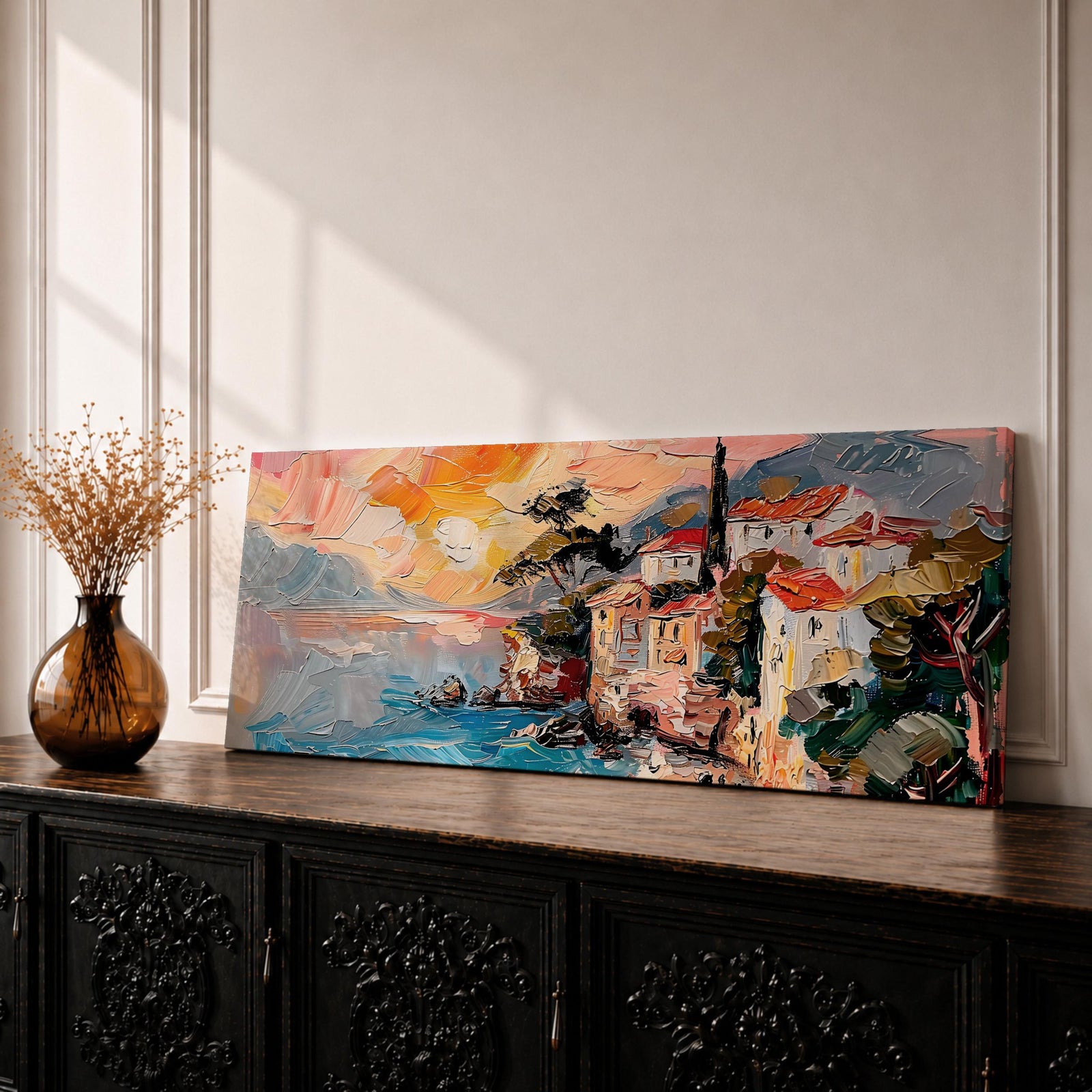 Panoramic oil style painting of the Amalfi Coast showing seaside houses with red roofs perched on rocky cliffs above turquoise water. Expressive brushstrokes depict a small harbor, boats near the shore, distant mountains, and a warm glowing sky spreading across the wide Mediterranean landscape.