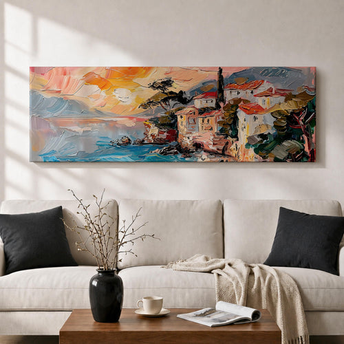Panoramic oil style painting of the Amalfi Coast showing seaside houses with red roofs perched on rocky cliffs above turquoise water. Expressive brushstrokes depict a small harbor, boats near the shore, distant mountains, and a warm glowing sky spreading across the wide Mediterranean landscape.