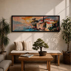 Panoramic oil style painting of the Amalfi Coast showing seaside houses with red roofs perched on rocky cliffs above turquoise water. Expressive brushstrokes depict a small harbor, boats near the shore, distant mountains, and a warm glowing sky spreading across the wide Mediterranean landscape.