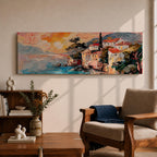Panoramic oil style painting of the Amalfi Coast showing seaside houses with red roofs perched on rocky cliffs above turquoise water. Expressive brushstrokes depict a small harbor, boats near the shore, distant mountains, and a warm glowing sky spreading across the wide Mediterranean landscape.