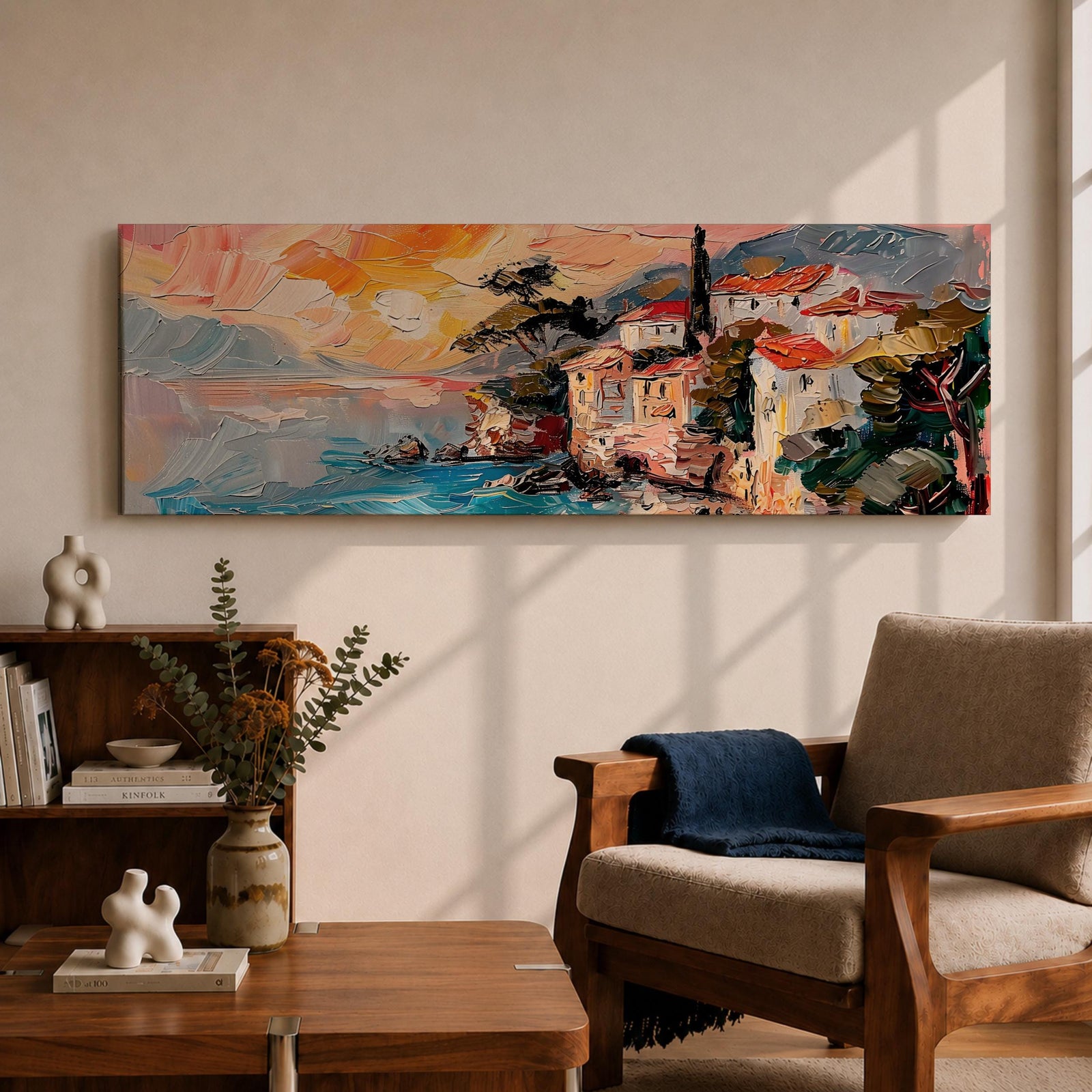 Panoramic oil style painting of the Amalfi Coast showing seaside houses with red roofs perched on rocky cliffs above turquoise water. Expressive brushstrokes depict a small harbor, boats near the shore, distant mountains, and a warm glowing sky spreading across the wide Mediterranean landscape.