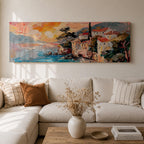 Panoramic oil style painting of the Amalfi Coast showing seaside houses with red roofs perched on rocky cliffs above turquoise water. Expressive brushstrokes depict a small harbor, boats near the shore, distant mountains, and a warm glowing sky spreading across the wide Mediterranean landscape.