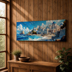 Panoramic oil painting of Santorini featuring whitewashed buildings with blue domes along a rocky shoreline beside bright turquoise water. Seagulls fly above the Aegean Sea while a sailing boat drifts near the coast and waves break along the beach beneath a sky filled with soft clouds.