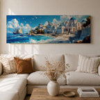 Panoramic oil painting of Santorini featuring whitewashed buildings with blue domes along a rocky shoreline beside bright turquoise water. Seagulls fly above the Aegean Sea while a sailing boat drifts near the coast and waves break along the beach beneath a sky filled with soft clouds.