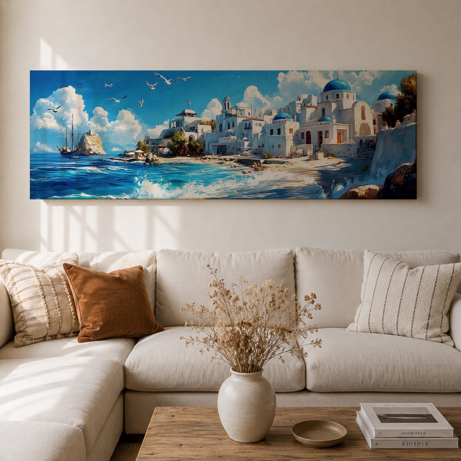 Panoramic oil painting of Santorini featuring whitewashed buildings with blue domes along a rocky shoreline beside bright turquoise water. Seagulls fly above the Aegean Sea while a sailing boat drifts near the coast and waves break along the beach beneath a sky filled with soft clouds.