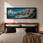 Panoramic oil painting of Santorini featuring whitewashed buildings with blue domes along a rocky shoreline beside bright turquoise water. Seagulls fly above the Aegean Sea while a sailing boat drifts near the coast and waves break along the beach beneath a sky filled with soft clouds.