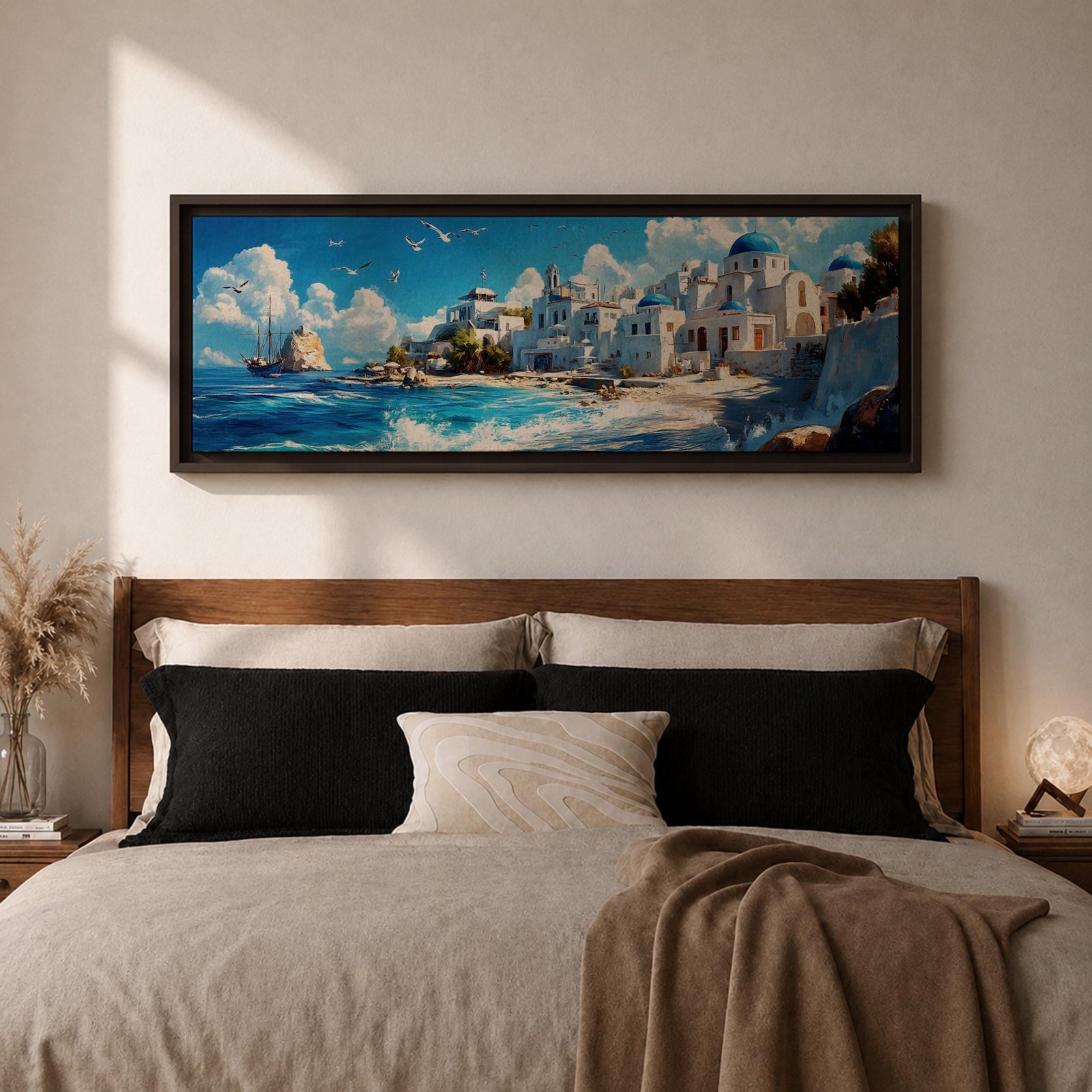 Panoramic oil painting of Santorini featuring whitewashed buildings with blue domes along a rocky shoreline beside bright turquoise water. Seagulls fly above the Aegean Sea while a sailing boat drifts near the coast and waves break along the beach beneath a sky filled with soft clouds.